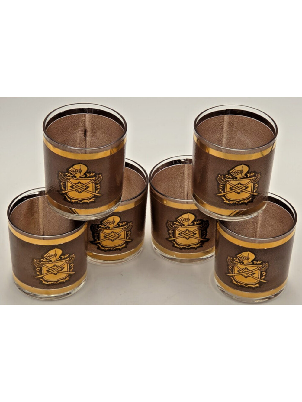 Vintage Culver Ltd 22K Gold Set 6 Lowball Rocks Whiskey Glasses Coat of Arms